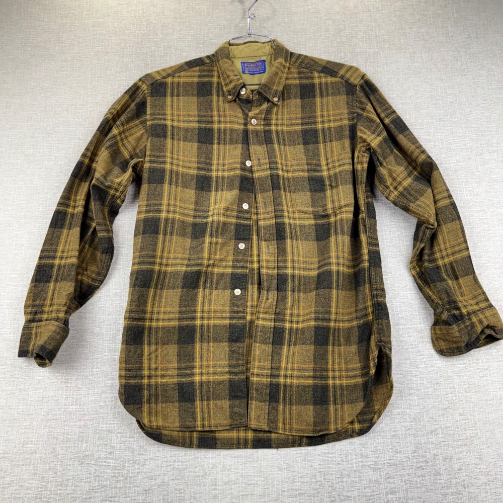 Vintage Pendleton Wool Plaid Flannel Shirt Mens Large Brown Yellow Button Down